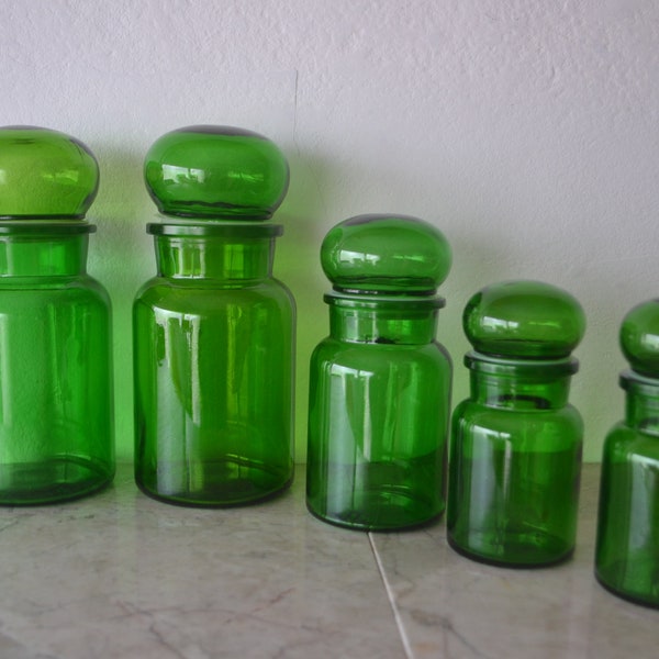 Vintage Belgian Apothecary Jars/ Green Glass Bubble Top Containers/ Danish Modern Glassware