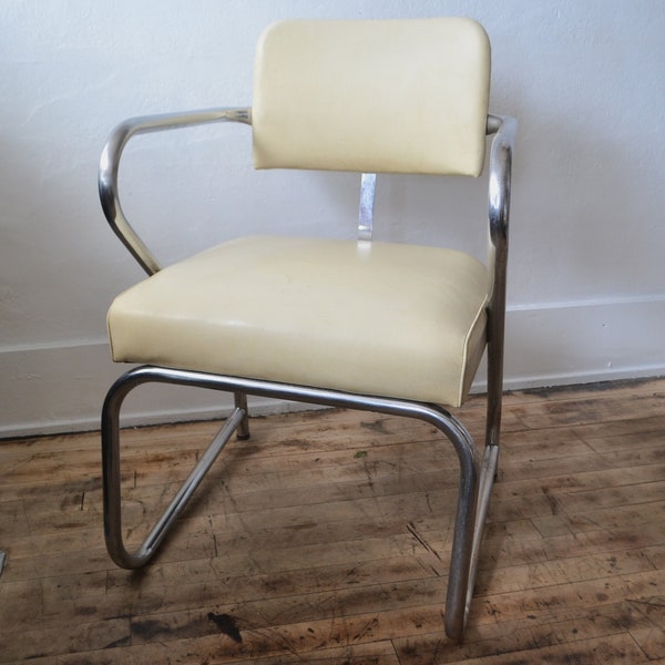 Mid Century Deco Inspired Side Chair/ Naugahyde Desk Chair/ Tubular Chrome Accent Chair/ Industrial Office Furniture/ Romito Donnelly