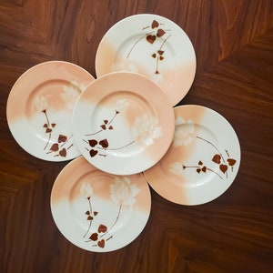May include: Five white ceramic plates with a peach-colored gradient and floral design. Each plate features a white flower and brown heart-shaped leaves. The plates are arranged on a dark brown wooden table.