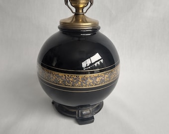Aladdin Black Mirror Glass Table Lamp/ Vintage Oriental Globe Lamp/ 1950's Asian Style Lighting