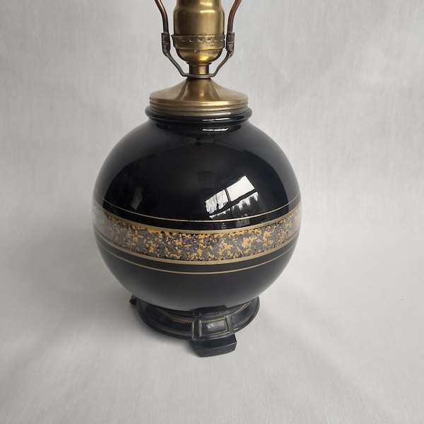 Aladdin Black Mirror Glass Table Lamp/ Vintage Oriental Globe Lamp/ 1950's Asian Style Lighting