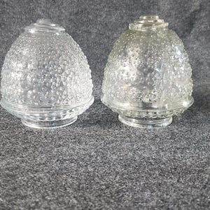 May include: Two clear glass light shades with a dome shape and a textured surface featuring a raised floral pattern. Each shade has a stepped top and a circular base opening, designed to fit onto a light fixture for diffusing illumination.
