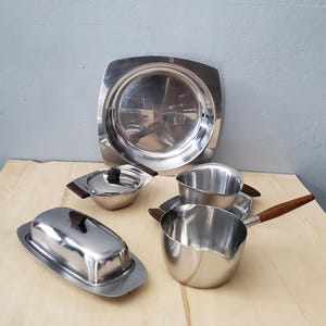 Japandi Stainless Steel Serveware Set: Mid-Century Rosewood Handles, Made in Denmark & Japan
