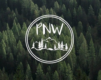 May include: A white circle with the text "PNW" inside, surrounded by a double circle border. The circle is on a background of a dense forest of evergreen trees.