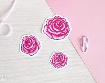 Set of 3 handmade pink roses flowers stickers