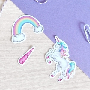 Lot de 3 autocollants vinyle licorne corne et arc-en-ciel fait main