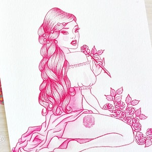 Pink watercolor of a girl with a rose (original art) inspired by Scarlett Johansson