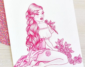 Aquarelle jeune fille à la rose (dessin original) inspiré de Scarlett Johansson
