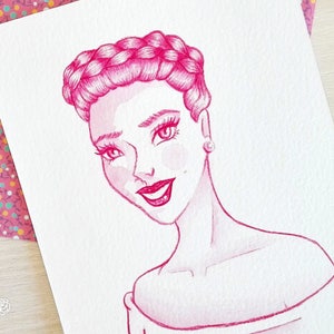 Pink watercolor Scarlett Johansson inspired mini portrait (Original art)