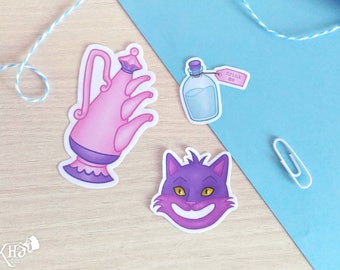 Set di 3 adesivi in vinile di Alice nel Paese delle Meraviglie (teiera, fiaschetta, gatto del Cheshire)