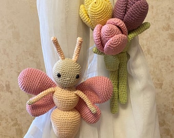 Set Butterfly & tulips Curtain Tieback, moth curtain tieback, handbill Amigurumi Toy, pickups for curtains, curtain tieback