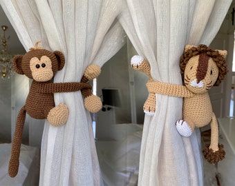 Crochet Monkey & Lion Curtain Tiebacks: Safari Nursery Decor