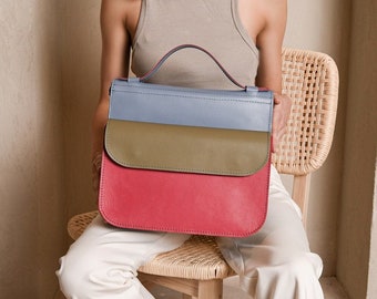 Multi-colored leather handbag with adjustable strap, Stylish shoulder bag for women, Work bag, Color can be customised.