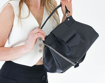 Elegante schwarze Lederhandtasche, Top Griff Tasche mit Riemen