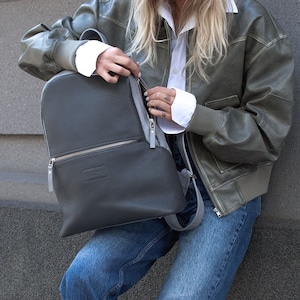 Natural Leather Backpack, Grey Sport Bag, Travel Rucksack, Gift for ...