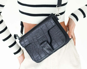 Black leather clutch, Small natural leather cross-body bag for women, Custom color version available.