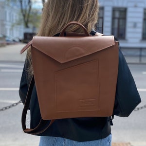 Brown leather everyday backpack, Envelope style rucksack, Custom leather backpack for women.