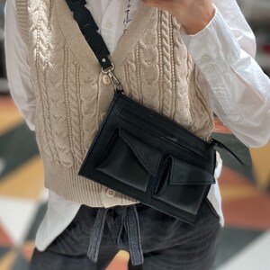 Interesting small black leather bag, perfect for travel, handbag with two pockets, gift for her