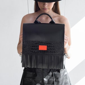 Black leather backpack, Stylish square-shape rucksack, Natural leather, Handmade custom color backpack - create your own version.