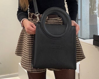 Natural leather bag, Black Round Handle Handbag, Minimalist style handbag, Gift for wife, Casual handbag for her