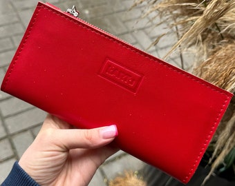 Red leather wallet for women, Coin case, Card holder, Red money pouch, organiser, Gift for her.
