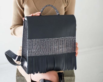 Grey Leather Fringe Backpack, Stylish Rucksack, Custom Color  display picture 2