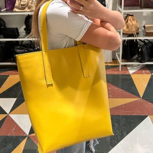 Yellow Leather Tote Bag for Work and Laptop – Handmade Minimalist Handbag, Custom Colors