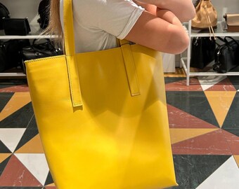Yellow Leather Tote Bag for Work and Laptop – Handmade Minimalist Handbag, Custom Colors
