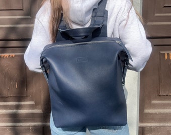 Blue leather backpack, Natural leather handbag, Backpack with adjustable straps, Backpack for school or office