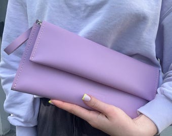 Natural Leather Wallet – Personalized Purple Clutch, Zippered Purse, Minimalist Gift for Her