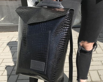 Lacquered croc print rucksack, Stylish handbag, Black leather backpack, gift for mother, gift for wife.