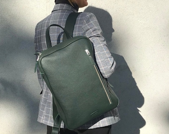 Student or work backpack, Green backpack handbag, Big travel backpack, Natural leather backpack handbag, Red laptop handbag