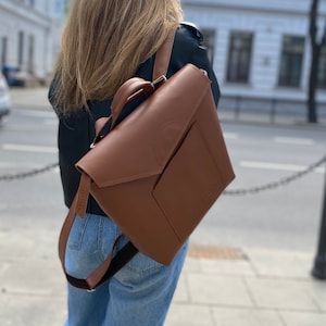 Brown leather envelope backpack, Everyday style rucksack, Custom leather backpack for women.