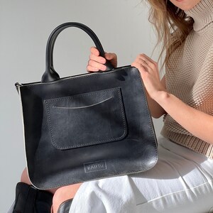 Black Leather Handbag for Women – Minimalist Business Bag, Modern Urban Tote for Work, Handmade Gift