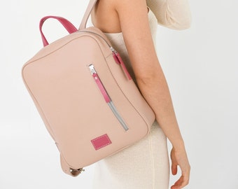 Pink Leather Backpack, Medium Size Rucksack, Everyday Bag