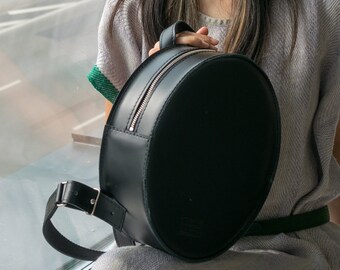 Black round backpack, Round leather backpack handbag, Natural leather rucksack, Stylish circle handbag MUSCAT