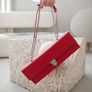 Red Leather Handbag with Chain - Elegant Purse for Special Occasions, Cosmetic Pouch Included
