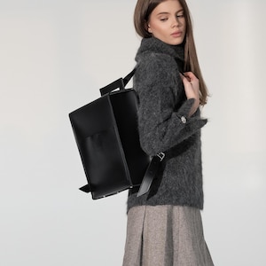 Sac à dos carré en cuir italien - Sac à dos noir minimaliste, sac de travail, unisexe