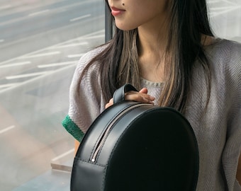 Black round backpack, Round leather backpack handbag, Natural leather rucksack, Stylish circle handbag