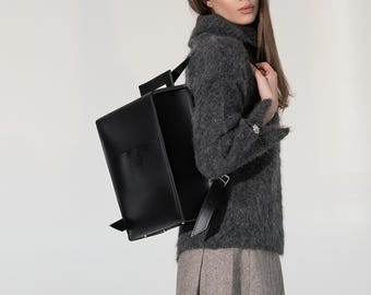 Mochila cuadrada de piel italiana: mochila minimalista negra, bolso de trabajo, unisex