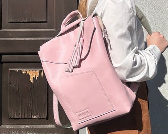 Natural leather backpack, Pink Laptop bag, Stylish handbag, Gift for office lady, Pink Handbag, Gift for mother.