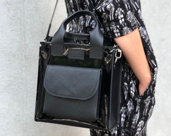 Black square leather bag, Comfortable urban handbag with long strap, Design your own bag - choose the colors you like.