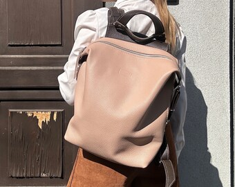 Natural leather backpack, Beige rucksack,  leather laptop case, leather handbag, gift for office lady.