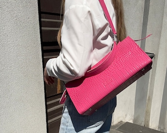 Bolso de hombro de piel rosa, bolso de mano con asa superior, piel italiana