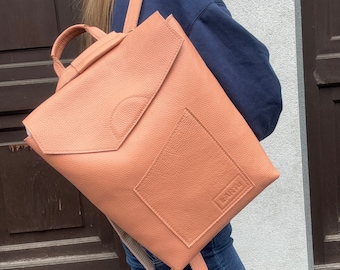 Natural leather backpack, Peach Laptop bag, Stylish handbag, Gift for office lady, Peach Handbag, Gift for mother.