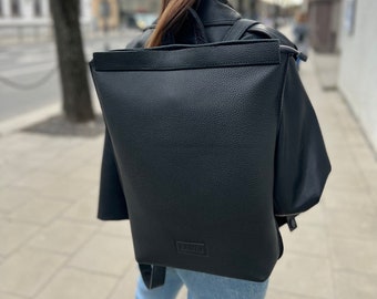 Unisex Leather Backpack, Black Leather Rucksack, Spacy Laptop Case