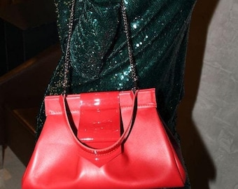 Handmade Red Leather Handbag, Patent Details, Detachable Strap