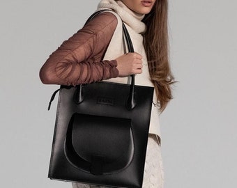 Leather Tote Handbag for Women | Large Work Bag | Custom Laptop Bag | Black Office Handbag