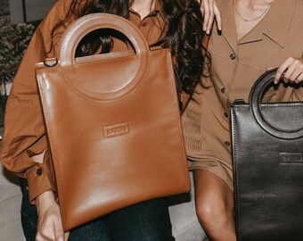 Leather handbag with round handles, Modern bag for women, Stylish work handbag, Custom leather colors available.