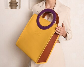 Handbag with round handles, summer office bag, Large shoulder purse for women